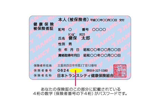 あなたの保険証のこの部分に記載されている4桁の数字（保険者番号の下4桁）がパスワードです。